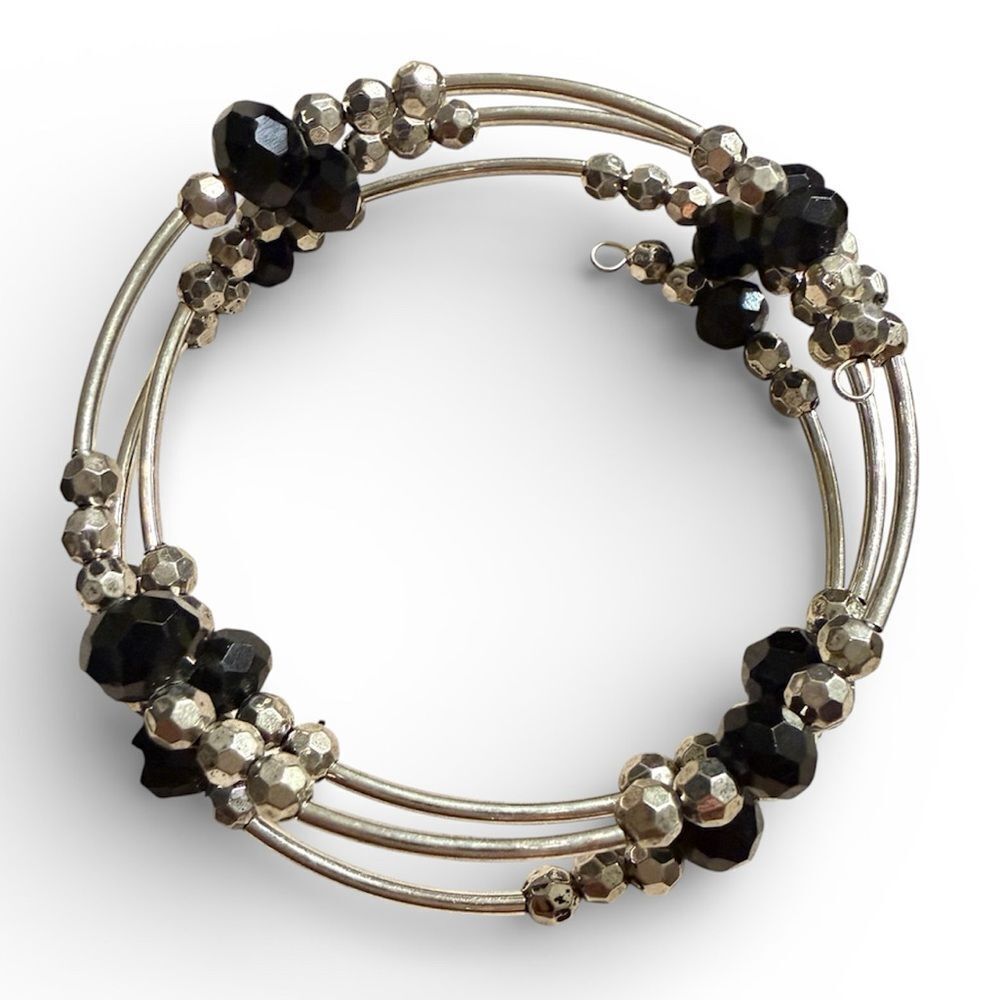 Women’s Black & Silver Beaded Spiral Bracelet – Lightweight Statement Style